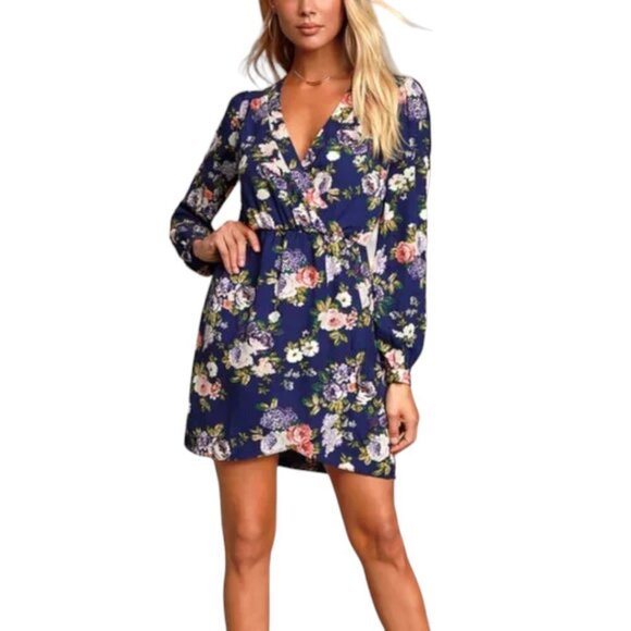 Lulu's That's A Wrap Long Sleeve Blue Floral Faux Wrap Dress - Picture 1 of 15